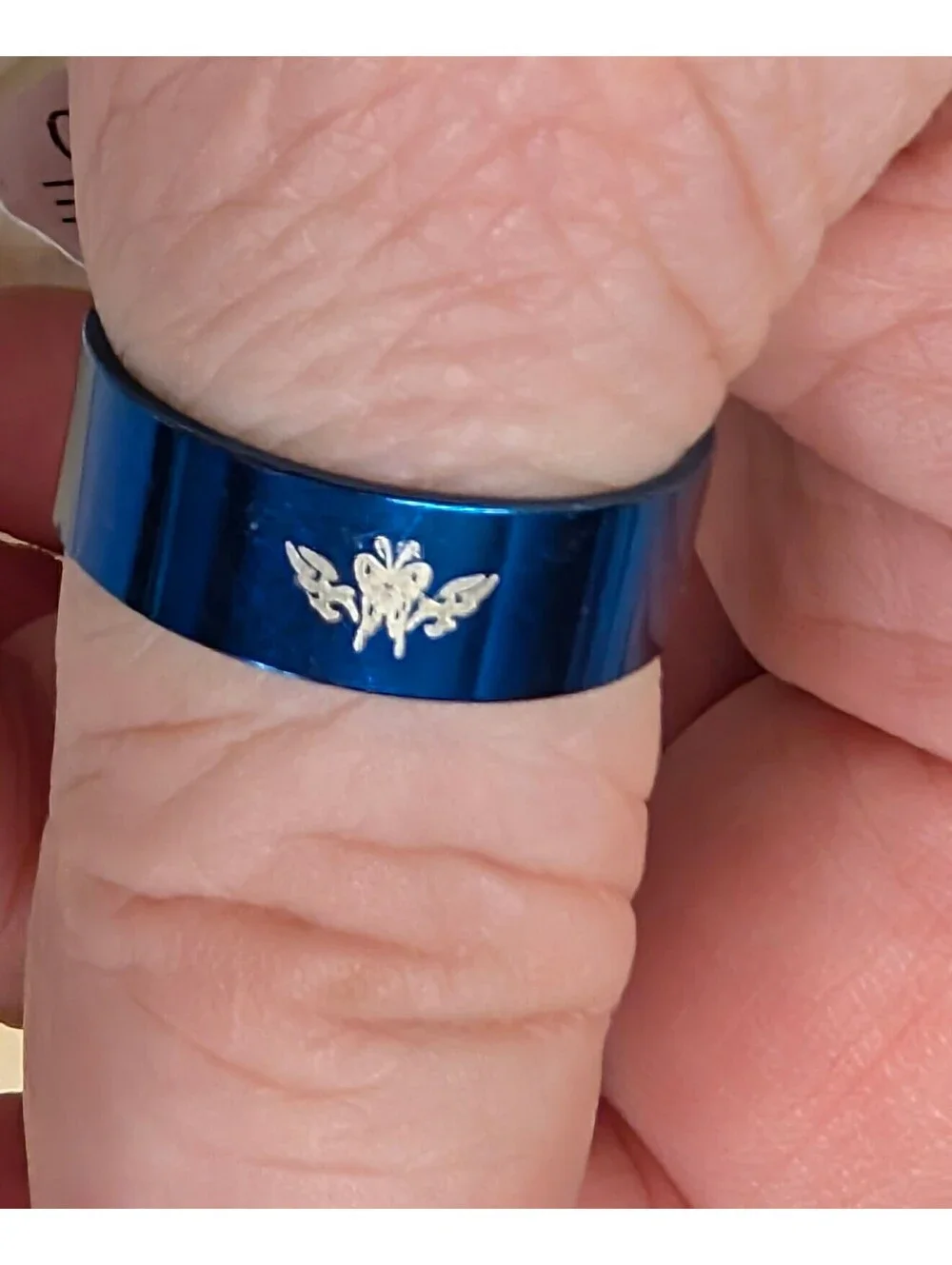 New Stainless Steel Blue Floral Engraved Stainless Steel Band Ring Plus Size 10